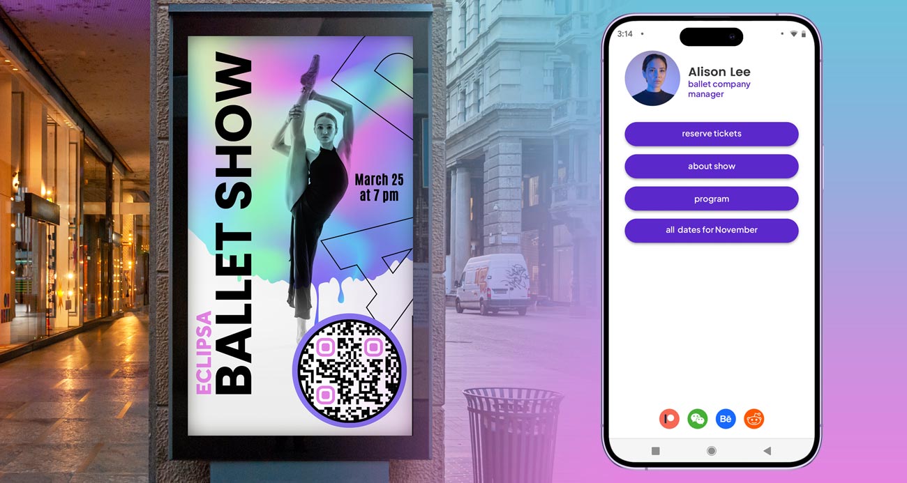 QR-kood kaubanduskeskuses telefonis avatud balletietenduse plakatil, millel on mitu linki piletimüügiks ja lisateavet etenduse kohta