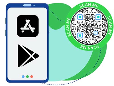 Código QR para empresa que ofrece aplicación móvil que lleva a diferentes tiendas de aplicaciones