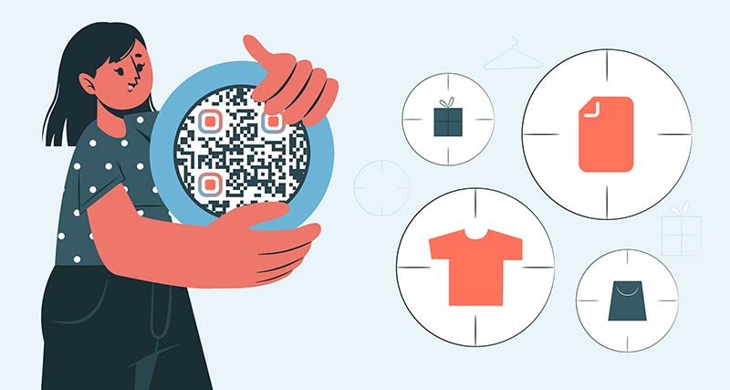 un código QR para la empresa impreso en diversos materiales promocionales, incluidos envases, etiquetas de ropa, pancartas