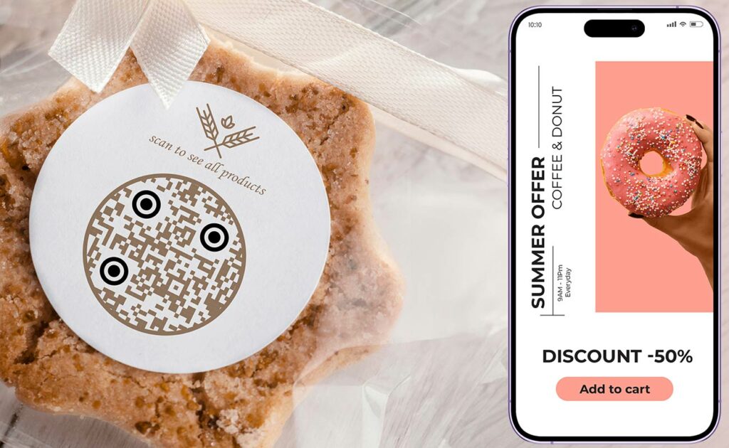 Página de empresa Código QR en envases de alimentos que lleva al sitio web de una panadería