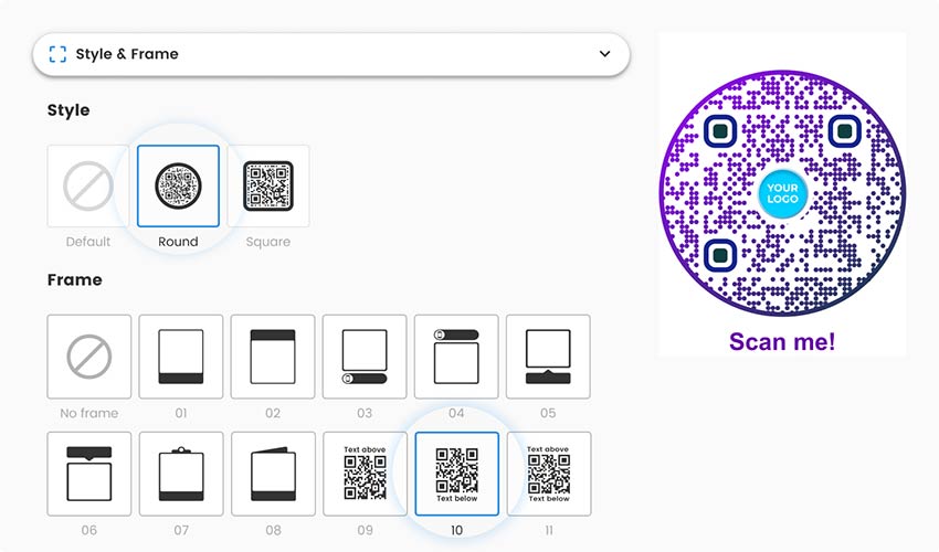 Elegir estilo y marco en la página de empresa Generador de códigos QR