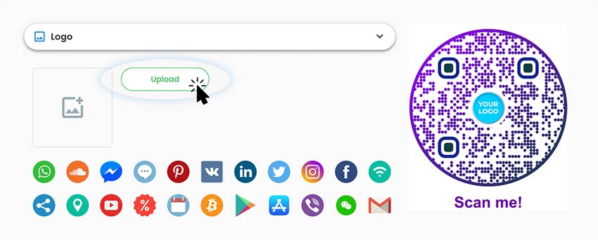 Haz clic en el botón "Cargar" del generador para añadir un logotipo o icono al código QR para empresas
