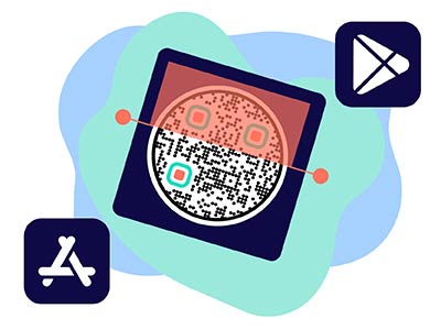 Un código QR que lleva a diferentes tiendas de aplicaciones