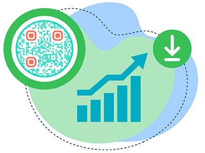 Código QR para la aplicación con un gráfico ascendente que muestra el crecimiento de la aplicación