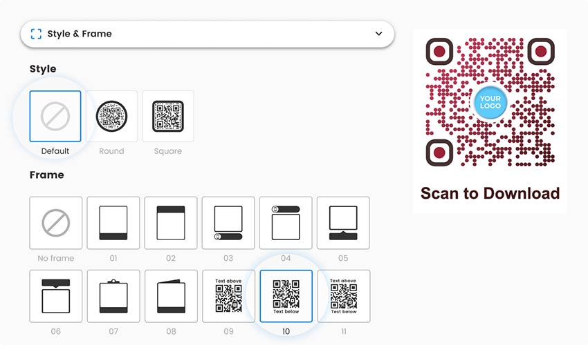 Elige el estilo y el marco del código QR de la aplicación en la herramienta generadora