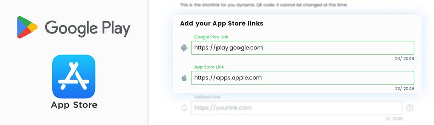 Añade enlaces de App Store y Google Play al código QR para descargar la aplicación