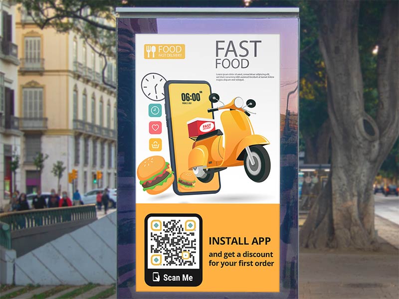 Código QR para descarga de app de entrega de comida en pancartas en la calle