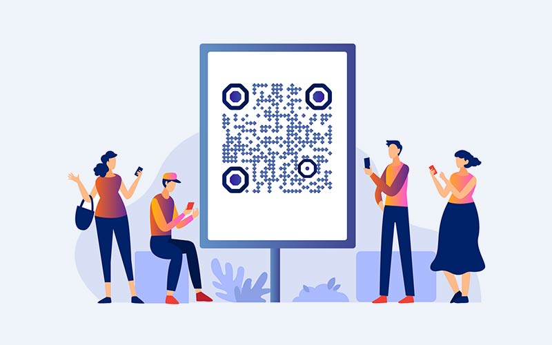 Personas escaneando el código QR de un enlace en una valla publicitaria