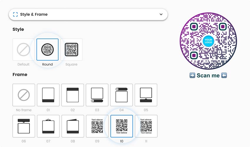 Campo de personalización con selección de marco y estilo para el código QR de una URL