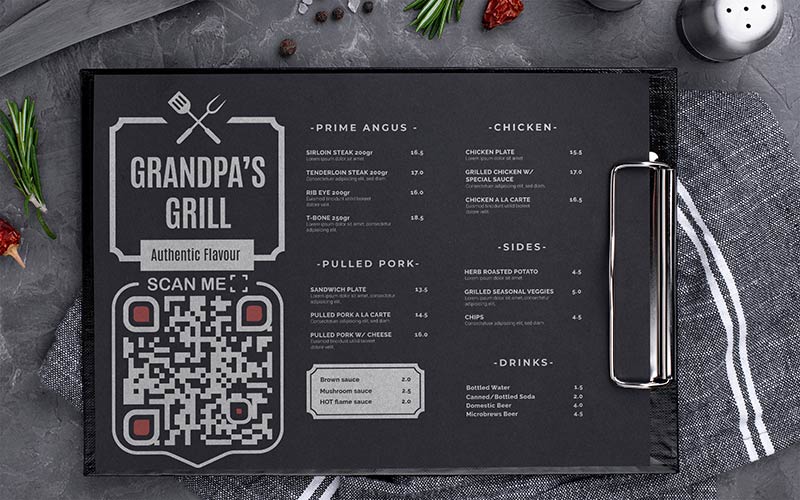 Menú de restaurante con enlace de código QR en estilo minimalista negro
