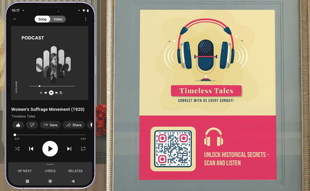 archivo de audio abierto desde un cartel con código QR de audio en el pasillo