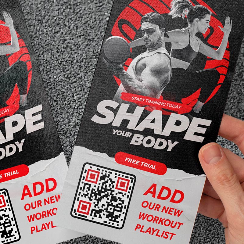 folletos de gimnasios con códigos QR mp3 que llevan a la lista de reproducción del entrenamiento