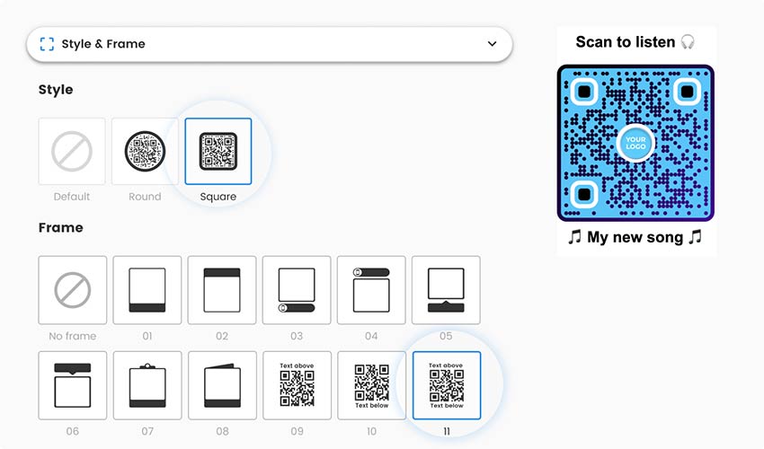 Cambia el estilo y el marco del código QR mp3 en la sección "Estilo y marco" del generador de códigos QR mp3