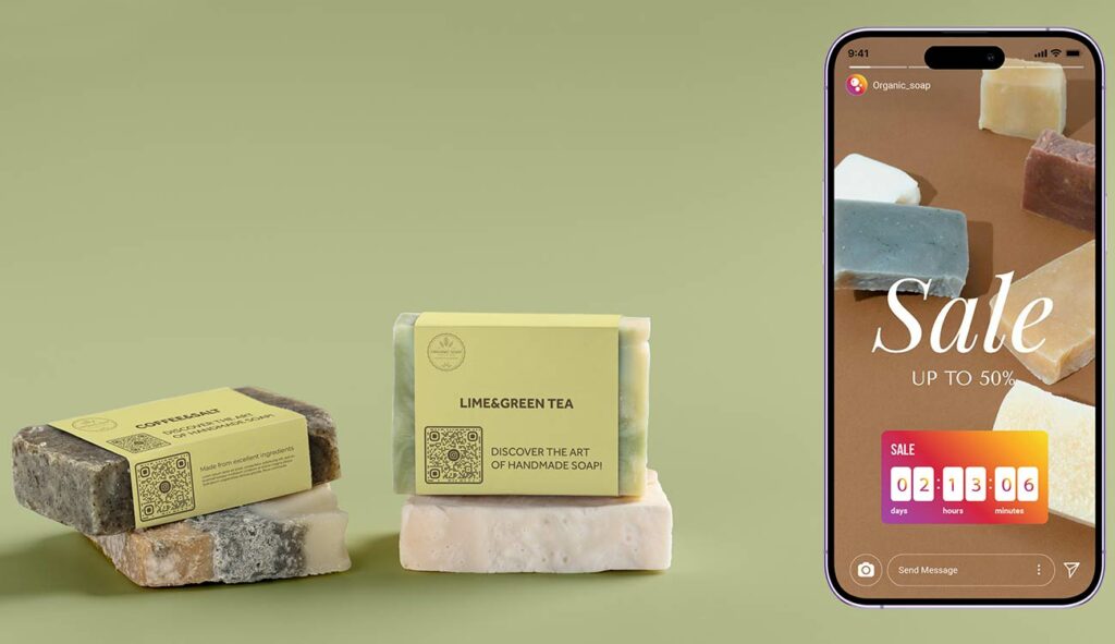 Código QR de Instagram en el envase del jabón que lleva a ofertas especiales compartidas en Instagram Story