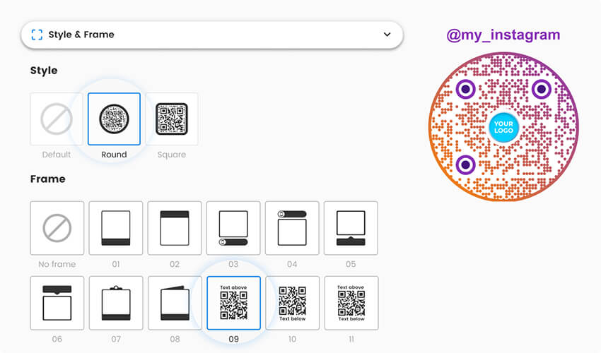 Personaliza el código QR de Instagram cambiando su estilo y marco en la herramienta generadora