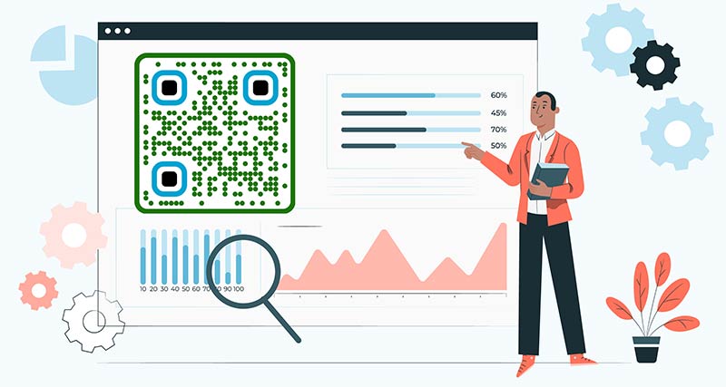 Mees ülikonnas monitori juures analüüsib registreerimise QR-koodi statistikat