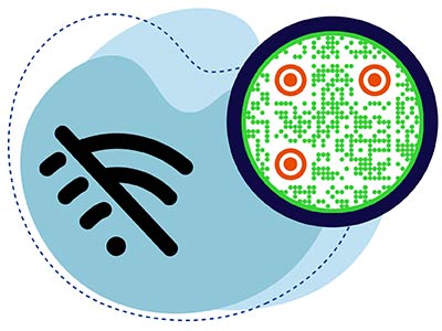 Välja kriipsutatud Wi-Fi ikoon ja ümmargune QR-kood