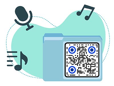 Podcast koos Spotify QR-koodi ja erinevate ikoonidega ümberringi