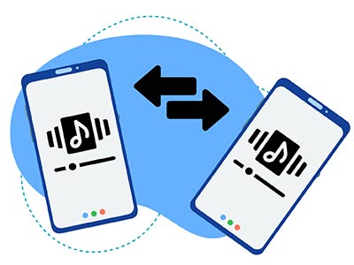 Kaks telefoni vahetavad muusikat sinisel taustal