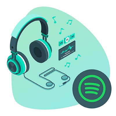 Auriculares con música de Spotify sobre fondo verde