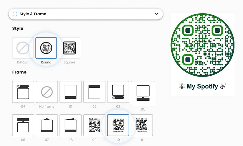 Screenshot of the QR code customization field with the ability to select a shape and frame
