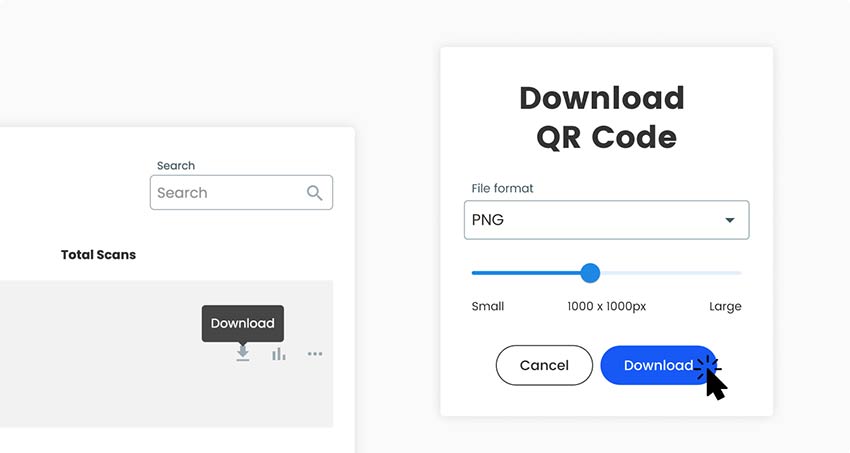 Screenshot of the Spotify QR code download process and the ability to select file format and size