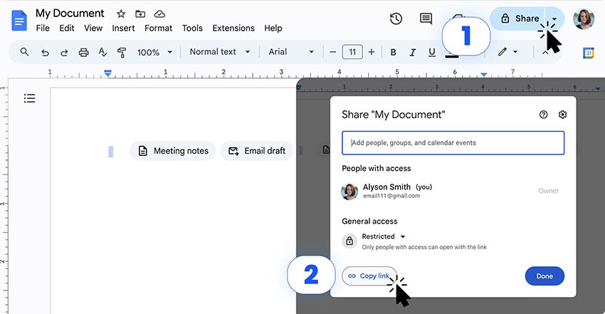 Open a Google Document to copy the link for QR code