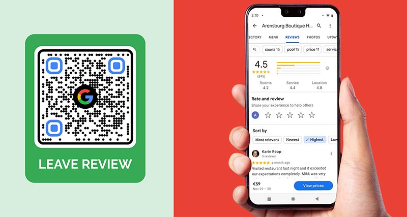Código QR de Google Review en una página web abierta en un smartphone