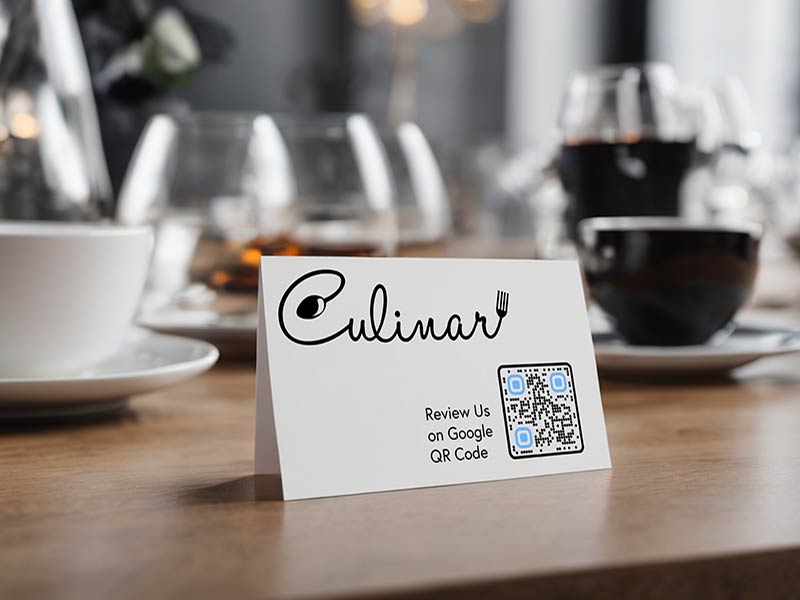 Código QR para la valoración de Google en una mesa cerca del menú en un restaurante