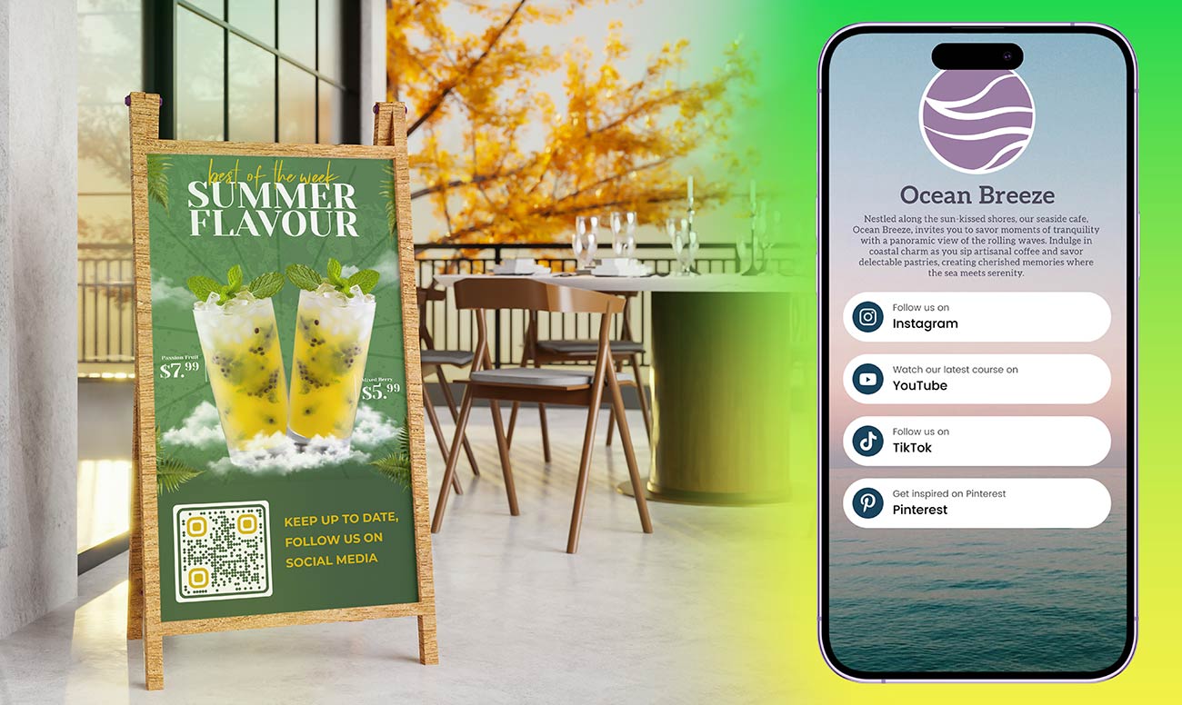 Código QR para todas las cuentas de redes sociales en una pancarta en el restaurante