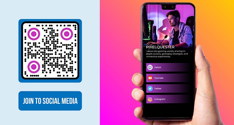 Generador de códigos QR de redes sociales en un smartphone que muestra varias plataformas con páginas de empresa