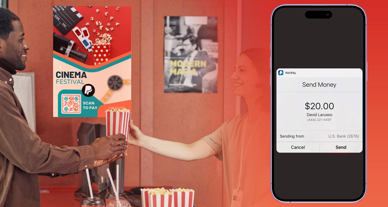 PayPal QR-kood, et saada kinos raha piletite eest plakatile