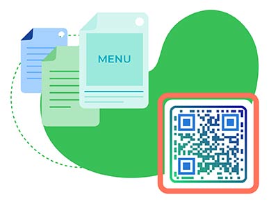 Una pila de viejos menús de papel frente a un menú digital con códigos QR