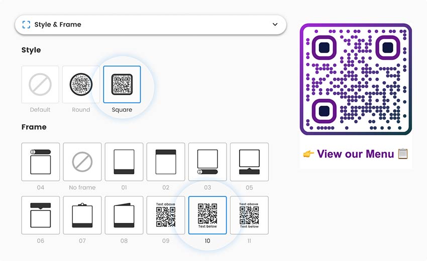 En la sección Estilo y Marco, edita la forma y el marco del código QR del menú