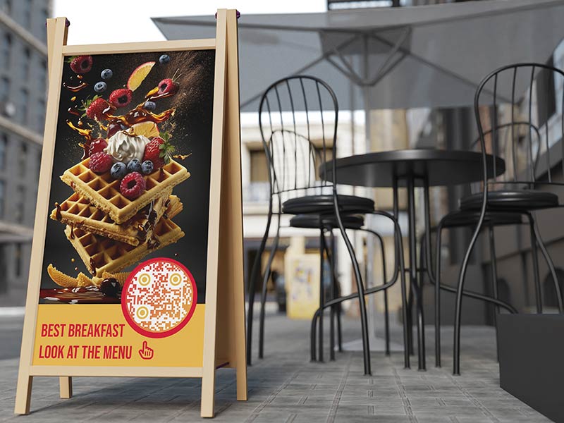 Una mesa de restaurante con unos cuantos códigos QR de Menú colocados en ella