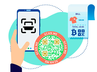 Gente pagando en una tienda de ropa utilizando el código QR de Bitcoin