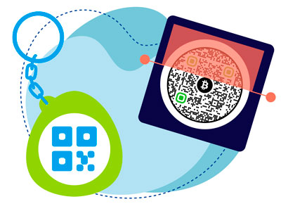 Amigos que se escanean mutuamente los llaveros con códigos QR de Bitcoin para dividir la factura