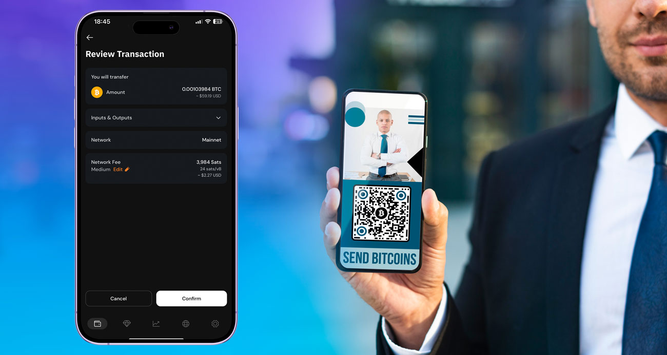 Bitcoin abierto en el teléfono de un hombre que envía dinero digital a un colega
