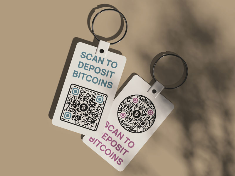 Amigos que se escanean mutuamente'los códigos QR de Bitcoin en llaveros