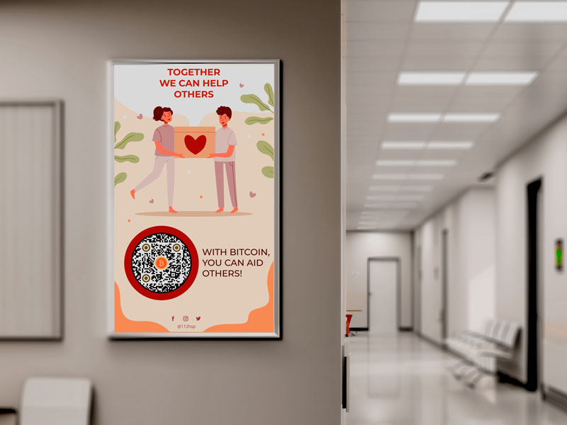 Código QR de Bitcoin en un cartel de donación en un hospital