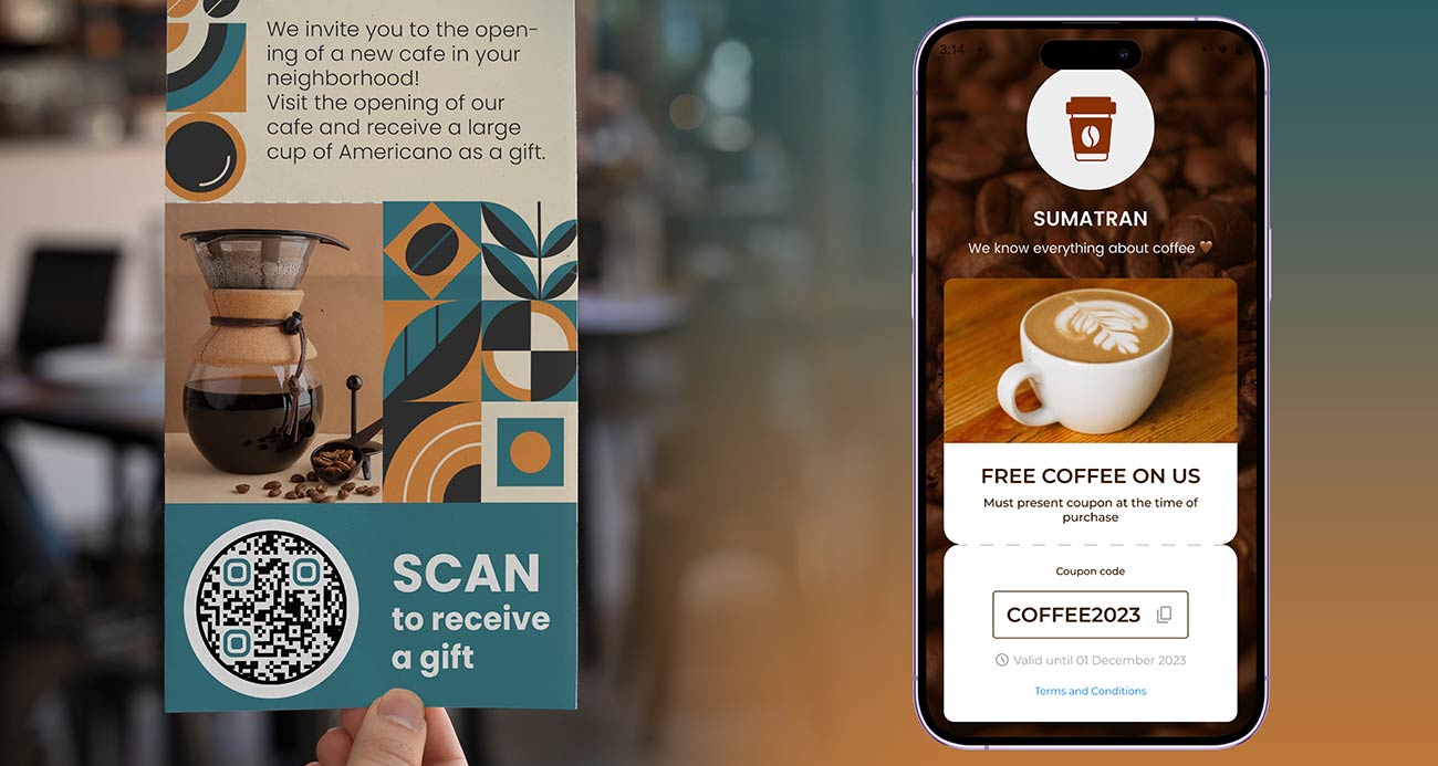 Cupón con código QR en un folleto que lleva a un café gratis