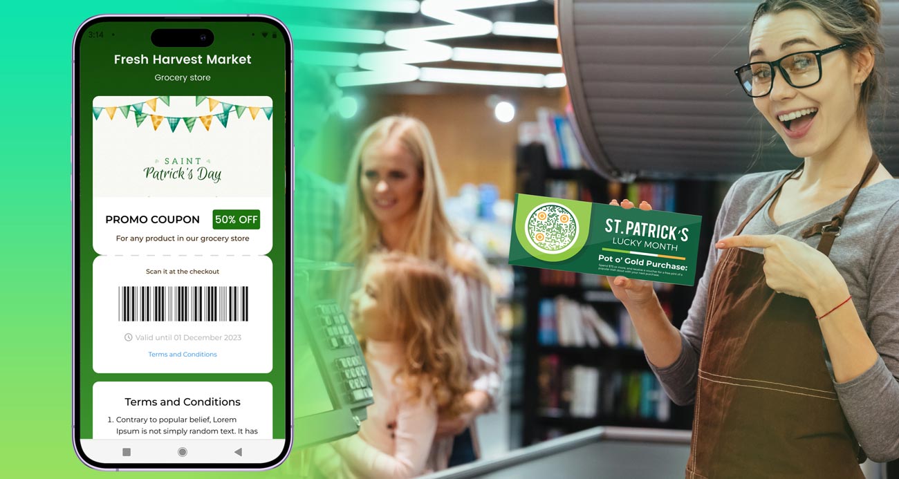 QR-koodi kupongigeneraatori rakendus koos Püha Patricku päeva pakkumisega