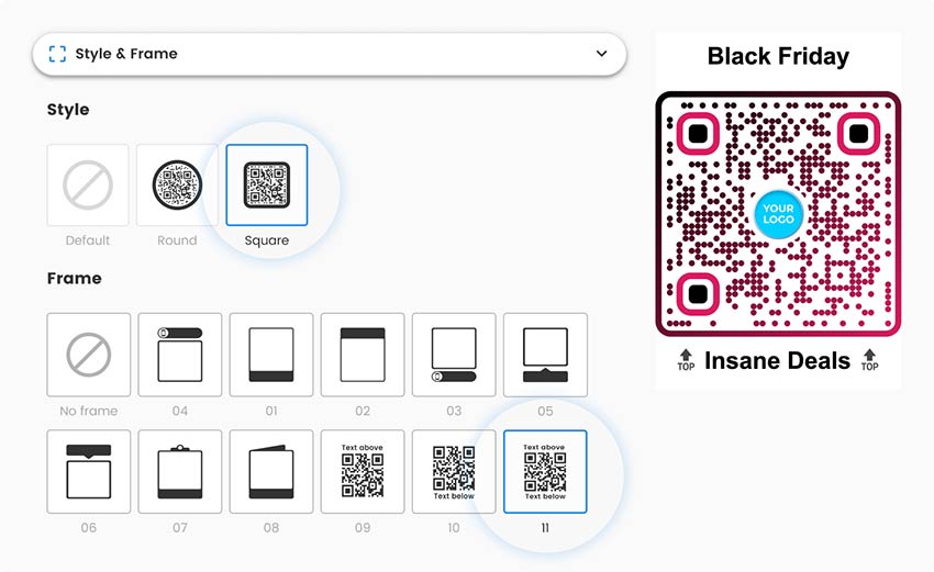 In the ‘Style & Frame’ section, choosing different styles for discount QR code