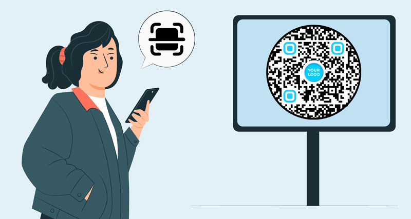 Ettevõtte logo QR-koodi sees, mis on trükitud reklaamtahvlile