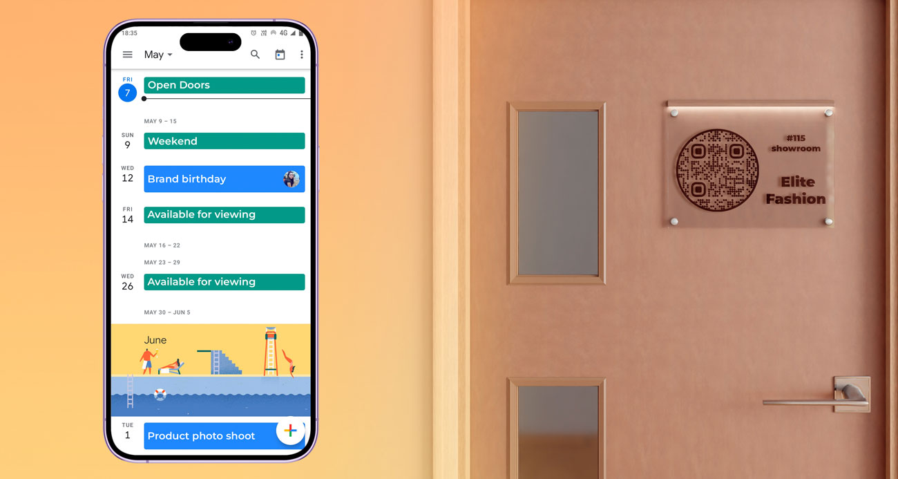 QR-kood ärikontori uksel, mis on avatud telefonil koos Google kalendri ajakava, mis näitab kohtumiste aegu, mis on avatud telefonil