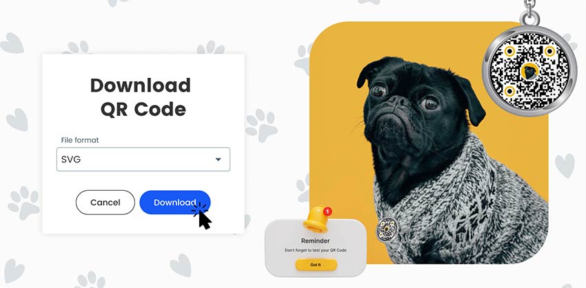 Valmis koera QR-koodi salvestamiseks ja allalaadimiseks klõpsake nuppu