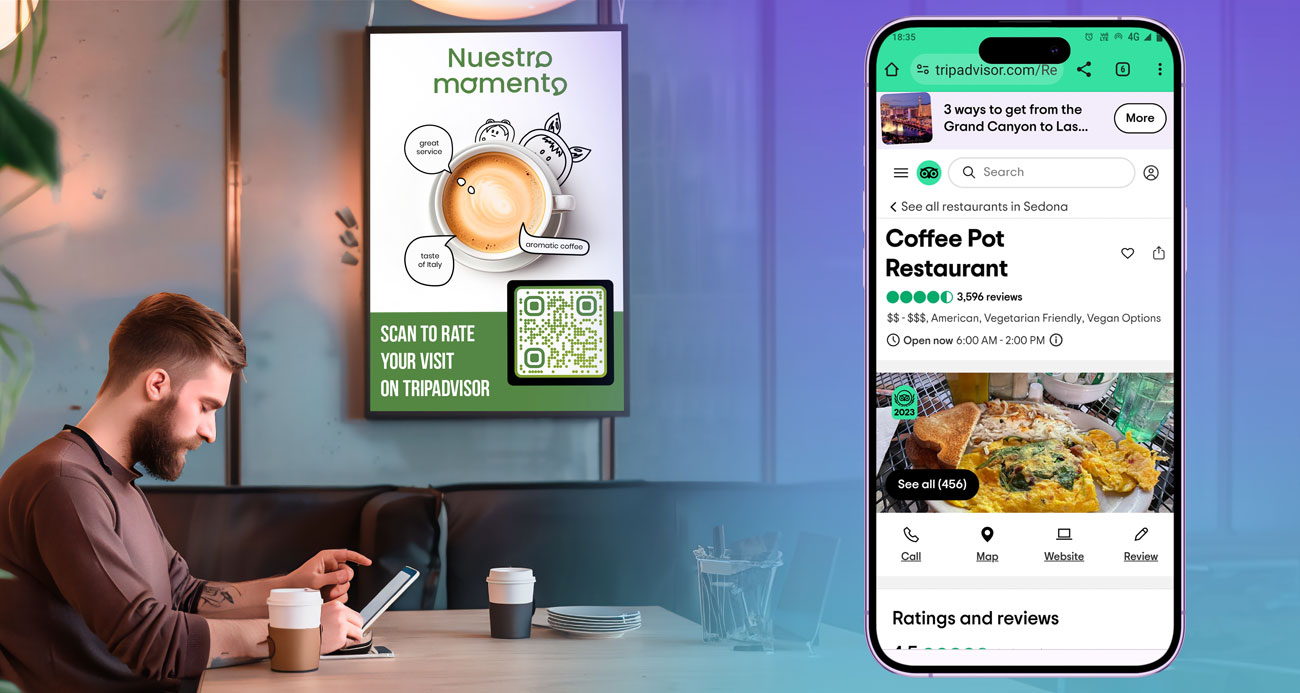 Tripadvisori QR-kood, mis avati ettevõtte omaniku telefonis, kes analüüsib klientide kommentaare ja korrigeerib teenuseid hinnangute põhjal
