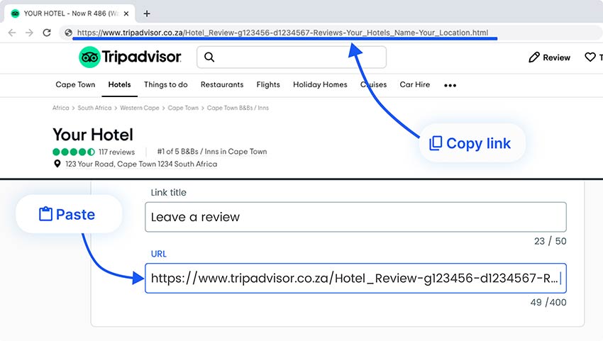 Tripadvisori arvustuslehe URL-linki kopeerimine ja kleepimine Tripadvisori QR-koodi generaatori lehele
