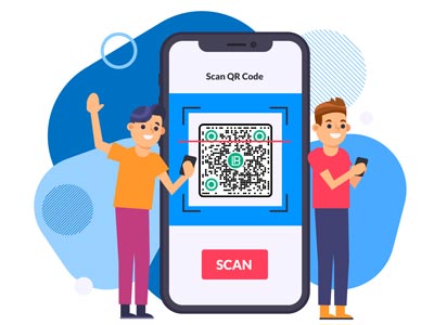 A group scanning a discount QR code with logo inside