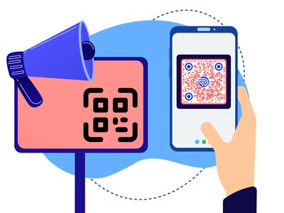 Ljudje, ki na oglasni deski prebirajo kodo QR z logotipom